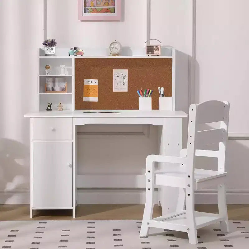 Bureau et Chaise d'Étude - Bureau d'Étude pour Enfants, Comprend une Étagère, un Panneau d'Affichage et des Casiers, pour Garçons et Filles de 3 à 8 Ans, Blanc