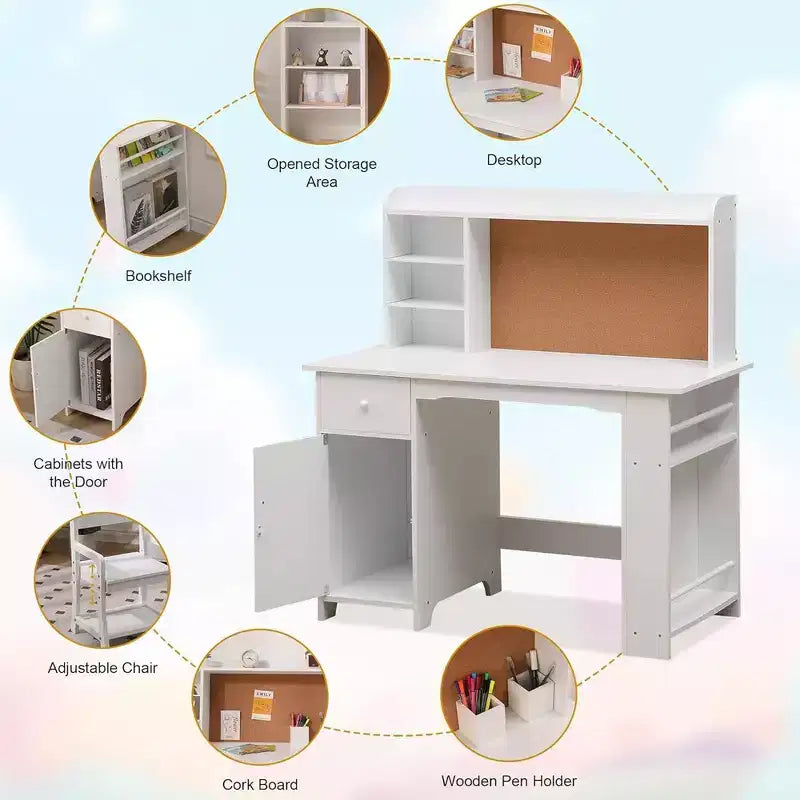 Bureau et Chaise d'Étude - Bureau d'Étude pour Enfants, Comprend une Étagère, un Panneau d'Affichage et des Casiers, pour Garçons et Filles de 3 à 8 Ans, Blanc