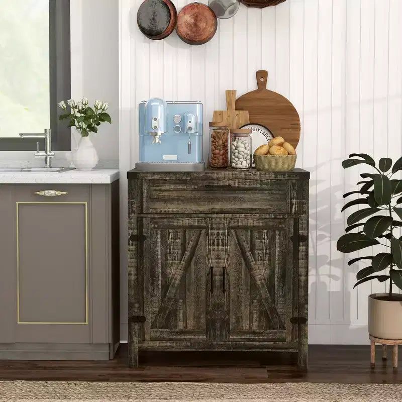 Buffet de salle à manger avec tiroir de rangement, meuble de cuisine de style ferme moderne avec 2 portes coulissantes, meuble de bar à café