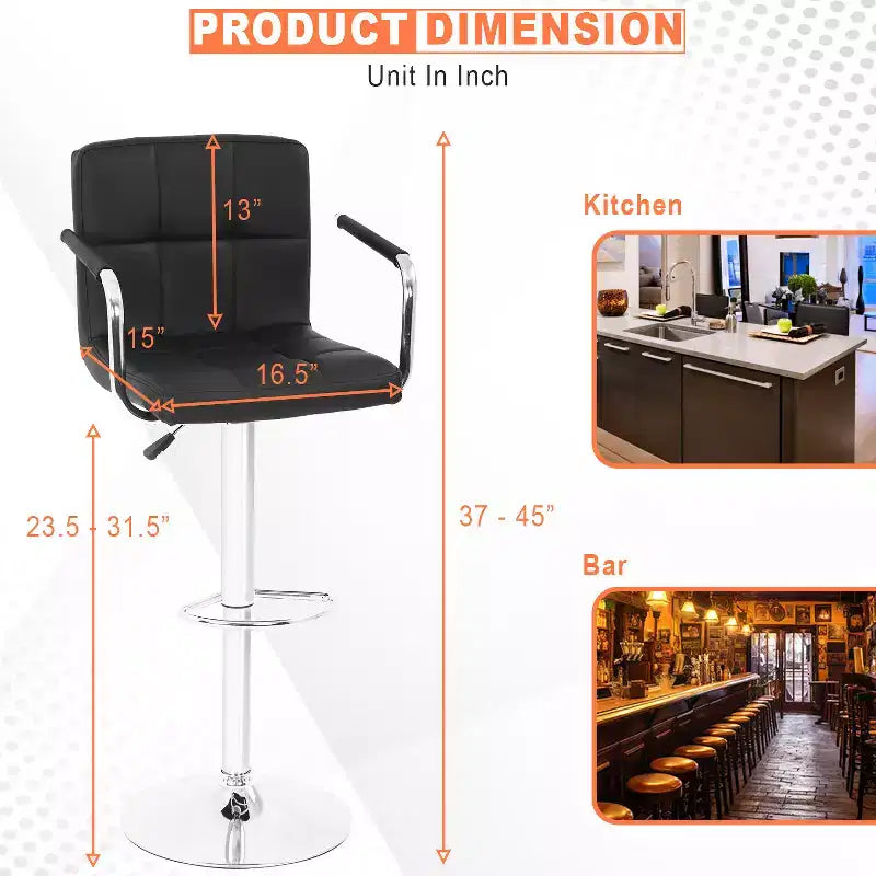 Tabourets de bar réglables en hauteur avec accoudoirs, siège en cuir PU et base chromée, chaises de bar tabourets de pub pour la maison et l'utilisation commerciale