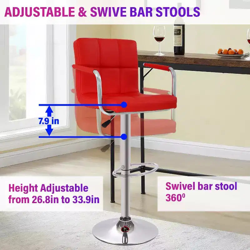 Tabourets de bar réglables en hauteur avec accoudoirs, siège en cuir PU et base chromée, chaises de bar tabourets de pub pour la maison et l'utilisation commerciale