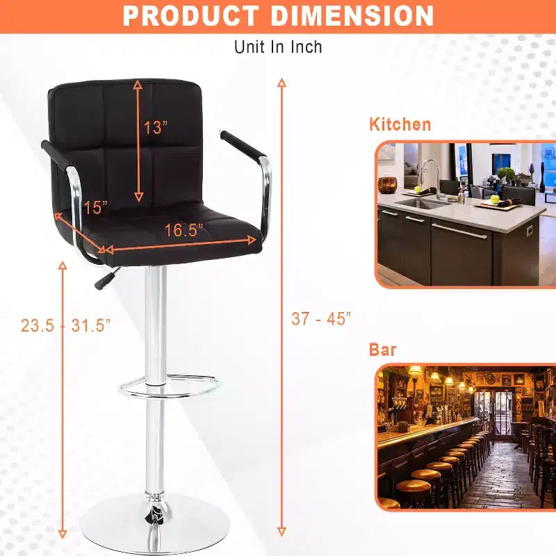 Tabourets de bar réglables en hauteur avec accoudoirs, siège en cuir PU et base chromée, chaises de bar tabourets de pub pour la maison et l'utilisation commerciale